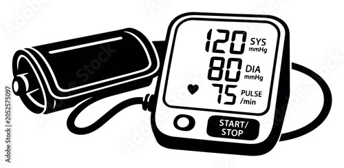 Blood pressure monitor indicating systolic, diastolic and pulse readings. Monitoring heart health and checking for hypertension