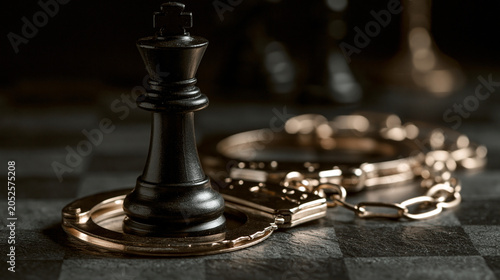 Handcuffs with black chess king on dark chessboard, crime strategy power justice and legal risk concept
