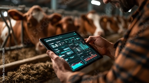 Agricultural worker reviewing complex farm management dashboard on a digital tablet while standing near feeding cattle in a barn