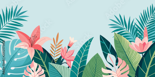 Tropical floral border with palm leaves and lilies, vector
