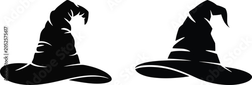 Slika na platnu Crumpled Witch Hat Silhouettes: Two Variations of Spooky Halloween Headwear, Monochrome Graphic Set Featuring Crooked Wizard and Sorcerer Cap Designs, vector, illustration, silhouette
