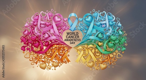 World Cancer Awareness colorful brain illustration with awareness ribbons