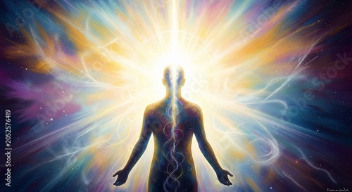 Human silhouette with glowing aura and spiritual energy