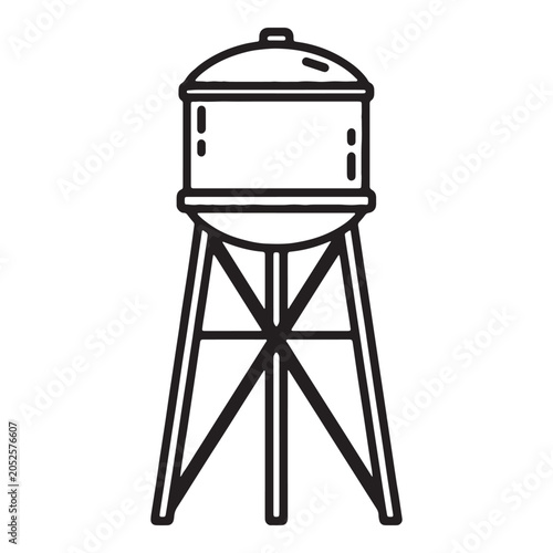 Minimalist black and white outline icon of a water tower standing on a sturdy support frame
