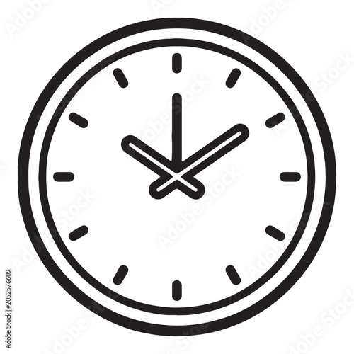 Minimalist black and white clock icon with bold hour and minute hands for modern designs