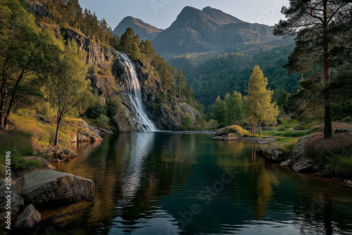 Tranquil Cascade: A breathtaking waterfall cascades down a rocky mountainside into a serene, reflective lake, surrounded by lush green trees and majestic peaks, creating a scene of natural splendor.
