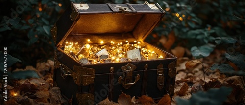 Antique chest filled with golden coins and fairy lights in autumn setting