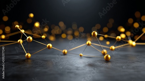 Digital Network with Glowing Golden Lines and Nodes