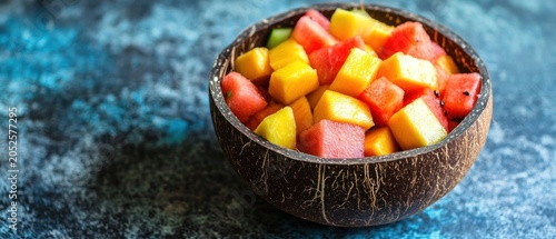 Vibrant fruit salad in rustic bowl diced watermelon mango pineapple