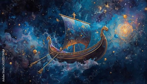 An ornate dragon ship sails through a celestial sea of stars and glowing clouds, creating an epic fantasy adventure scene filled with wonder, exploration, and mythology.