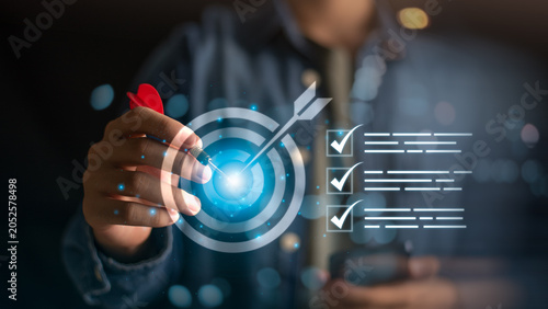 Fotografie Business strategist managing goal achievement and performance tracking while using digital planning tools, productivity systems and smart analytics to improve operational success and business growth