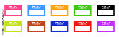 Vector illustration of colorful Hello My Name Is tags on transparent background