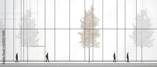 Modern glass building with stylized trees and pedestrian silhouettes