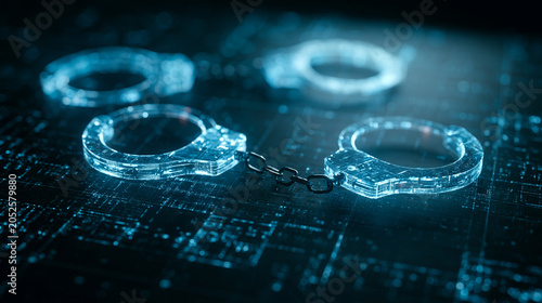 Futuristic Holographic Handcuffs On Digital Circuit Board With Cybercrime And Security Concept