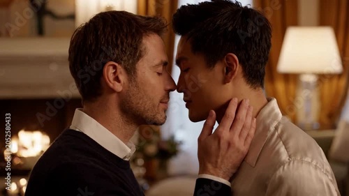Intimate Romantic Moment Tenderness Kissing Embrace Emotional Connection Warm Indoor Setting Diverse Male Couple Affection