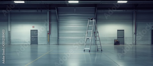 Stepladder in empty industrial interior space with roll up door