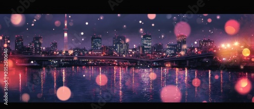 Night cityscape reflection urban lights and bokeh glow