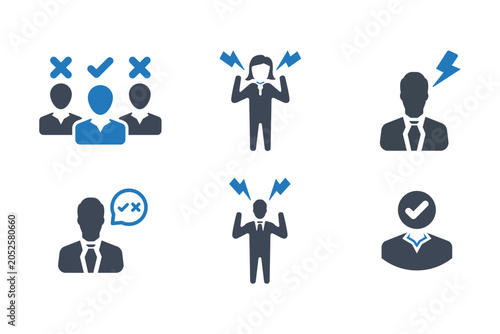 Business icons showing selection stress and approval with blue and dark blue colors