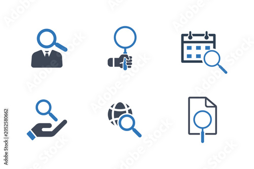 Business icons with magnifying glass for search and analytics concepts on white background