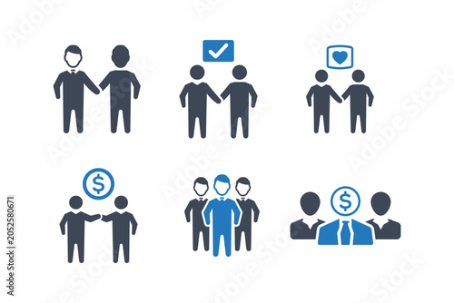 Business partnership icons with handshake and agreement symbols in blue and white tones