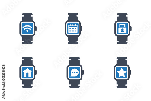 Smartwatch icons display connectivity calendar security home messaging and favorites with blue accents on white background