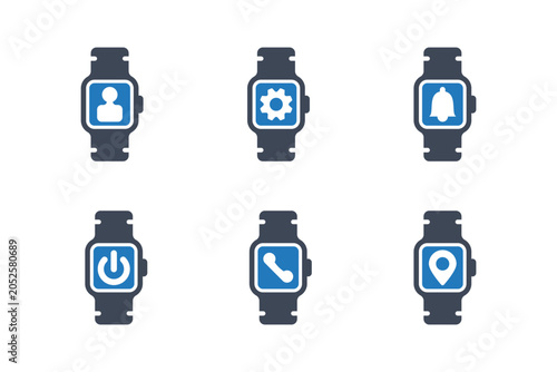 Smartwatch icons in a grid with various functions on a white background