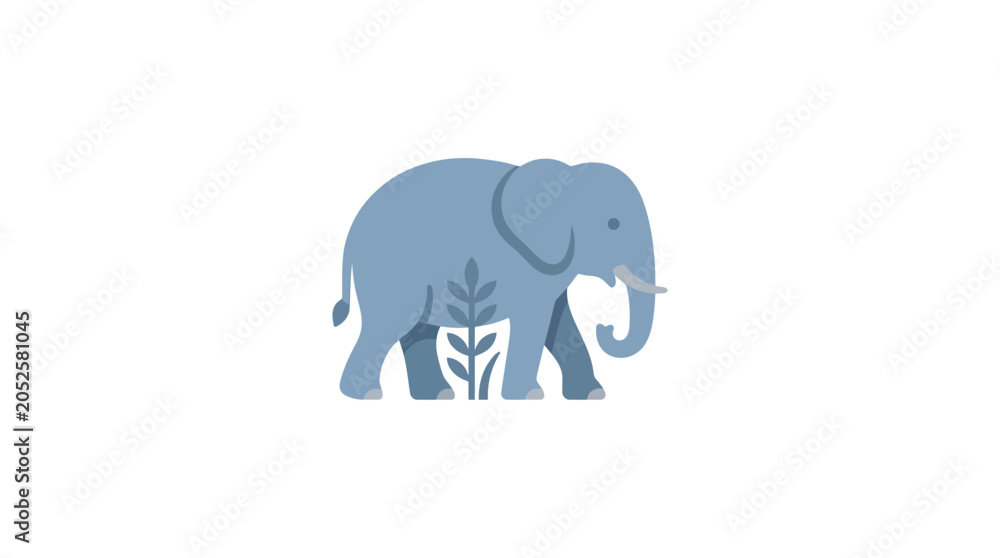 Fototapeta premium Minimalist Blue Elephant Silhouette with Abstract Plant Elements