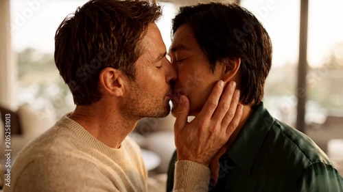 Intimate Male Couple Sharing Affection Smiling Faces Tender Kiss Moment Warm Indoor Setting Emotional Connection
