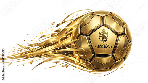 A 3D illustration of a golden soccer ball with a sleek reflection, isolated as a round sports symbol for a competitive football game and team activity