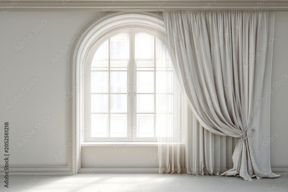 Fototapeta premium Light fills an elegant arched window with draped curtains.