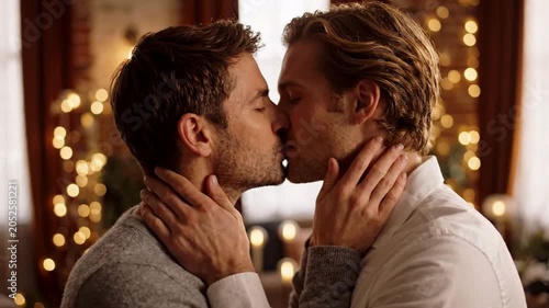 Affectionate Same Sex Couple Sharing Intimate Kiss Tender Moment Warm Indoor Setting