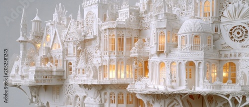 Intricate paper model of a gothic castle with warm interior lighting