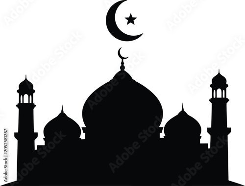 Canvas Print Mosque building silhouette with crescent moon and star religion crescent