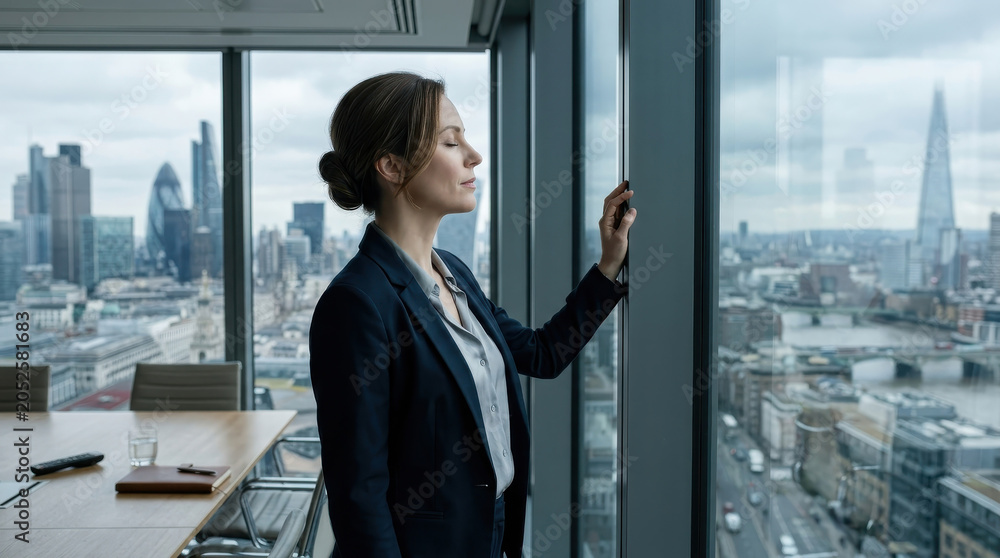 Fototapeta premium Businesswoman breathing window office city skyline calm reflection Businesswoman breathing by window in high rise office, calm profile against city skyline, glass reflection, modern workplace mood