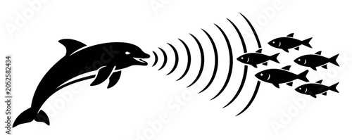 Dolphin finding fish school using sonar technology, bioacoustics concept for marine searching and deep sea navigation