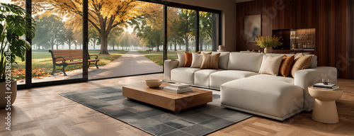 Luxury Modern Living Room with Panoramic Glass Windows and Autumn Park View, Contemporary Interior Design