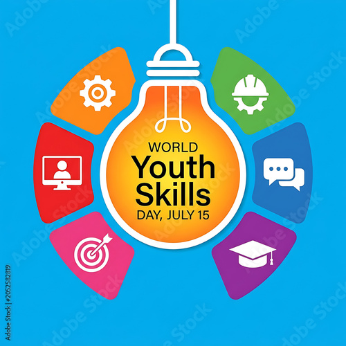World youth skills day concept with colorful icons and lightbulb illustration