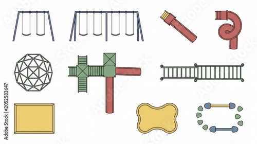 Architectural Playground CAD Symbol Sheet Top View Playground Equipment Blocks Colored Vector Set