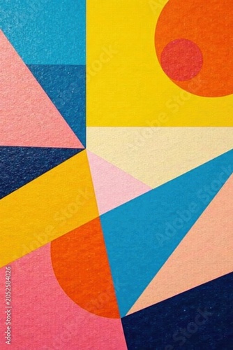 Vibrant Geometric Abstract Art Featuring Interlocking Triangles and Circles in a Bold Color Palette