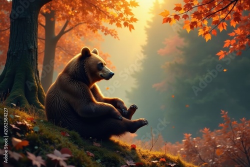 A Majestic Brown Bear Contemplates the Serene Autumnal Forest at Golden Hour