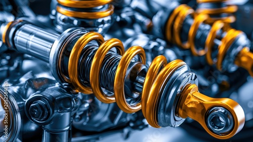 Macro close-up of a complex vehicle suspension system featuring highly detailed metallic springs and hydraulic shock absorbers under clean studio lighting.