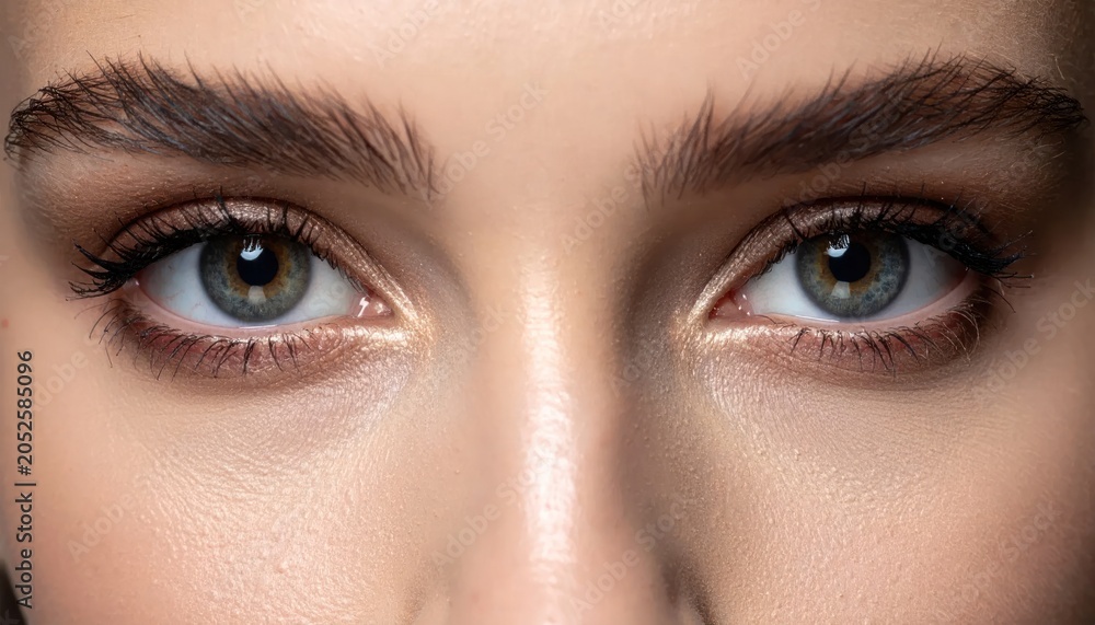 Fototapeta premium Close-up of a Womans Beautiful Green Eyes with Defined Eyebrows.