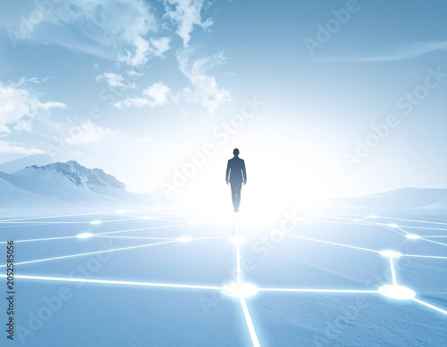Silhouette humaine, traversant un réseau lumineux de chemins représentant la prévention et le suivi de santé
