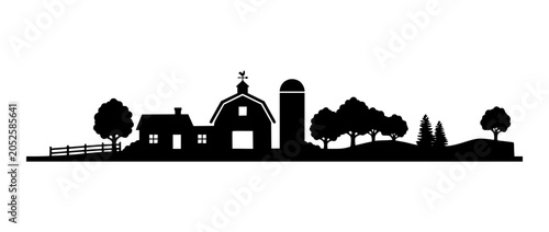 Rural farm landscape silhouette with barn and farmhouse