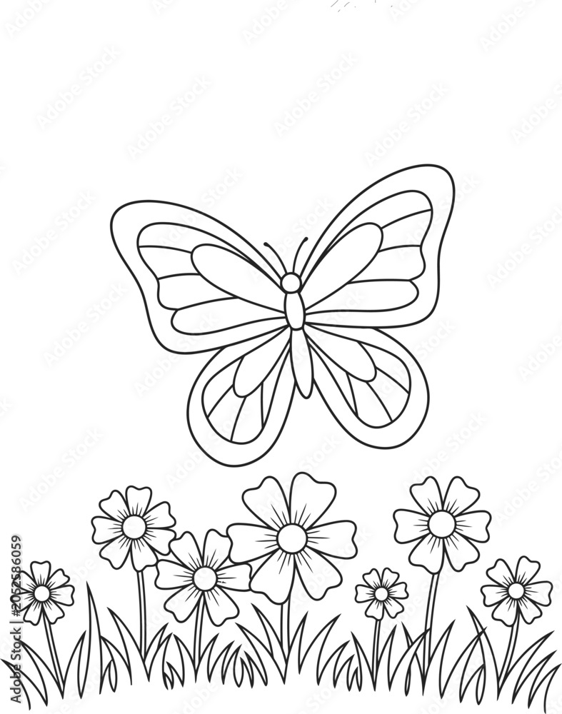 Fototapeta premium Butterfly color page illustration with t Flowers 