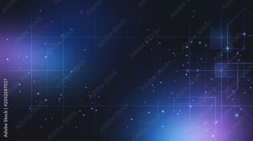 Fototapeta premium Futuristic dark background featuring neon light trails, floating particles, and a subtle technical grid. Ideal for AI, cyber security, and data science presentations. 3D render style.