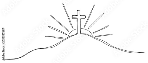 Fotografie Christian Cross on Hill with Sunrise One Line Art Vector, Easter Resurrection an