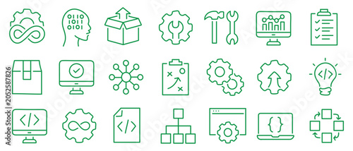 Quadro su tela DevOps development and operations concept editable stroke outline icons set isolated on white background flat vector illustration