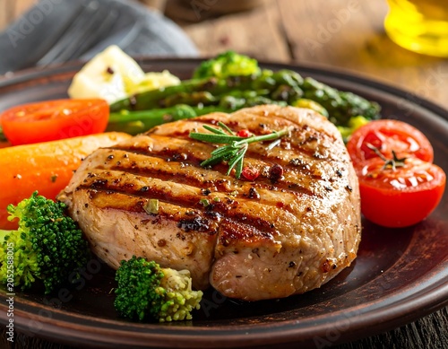 A grilled steak garnished with rosemary, served with steamed broccoli, asparagus, and tomatoes on a brown plate