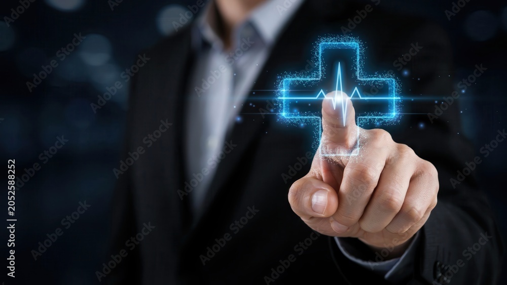 Fototapeta premium Businessman touching a digital medical cross icon with a heartbeat line, representing healthcare technology and digital health services